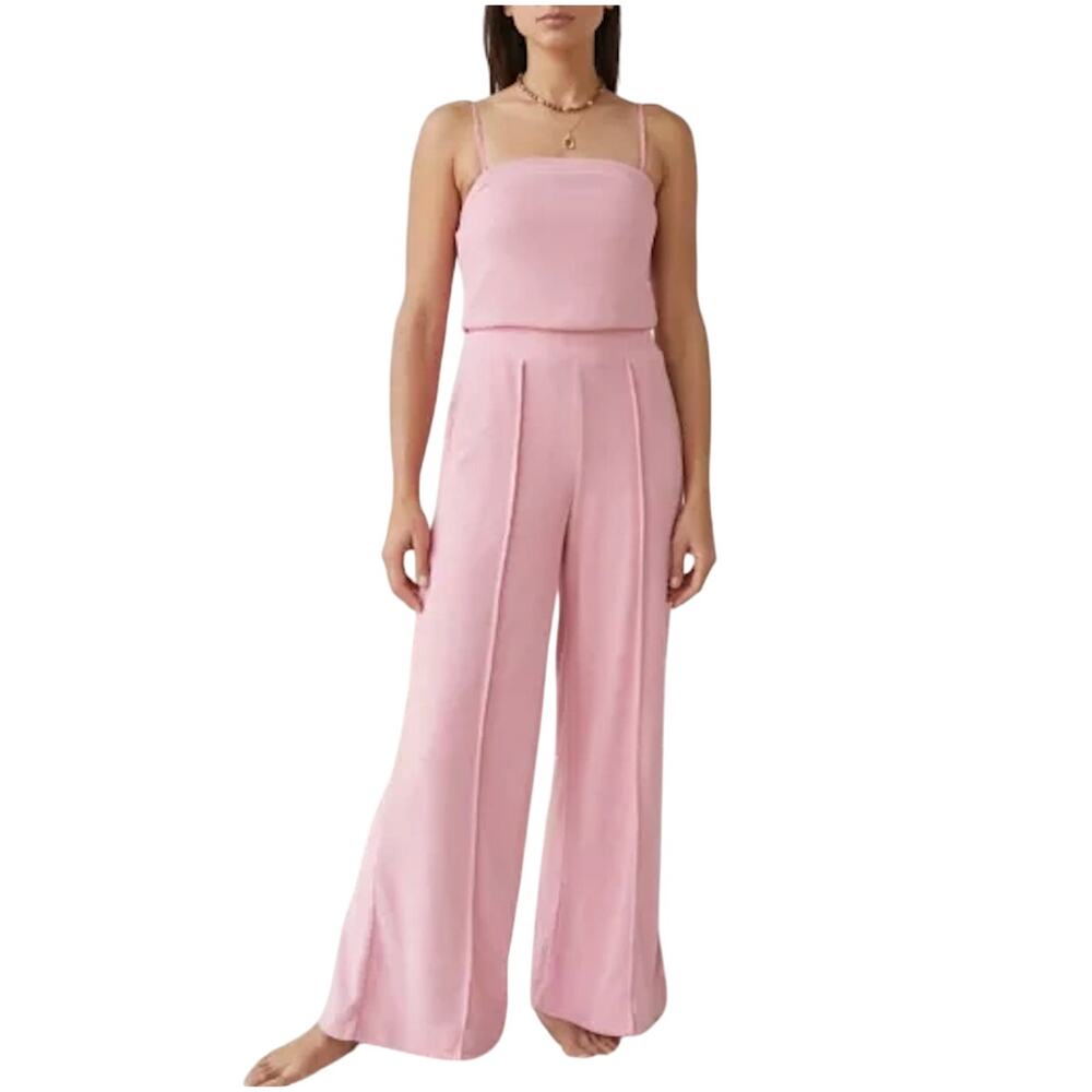 Urban Outfitters M Out from Under Shandi Wide Leg Jumpsuit Pink Textured Fleece